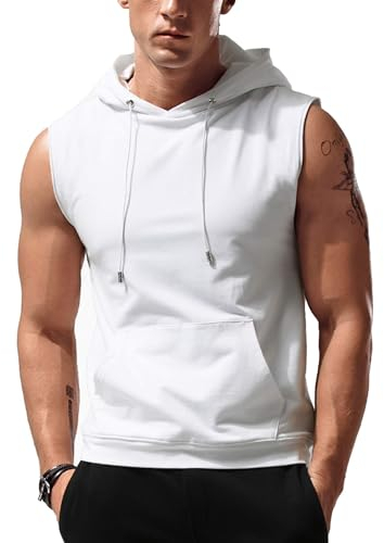 Babioboa Sports Herren Tank Top Ärmelloser Workout Sport Fitness Hoodie Muskelshirt mit Tasche für Gym Training Weiß M