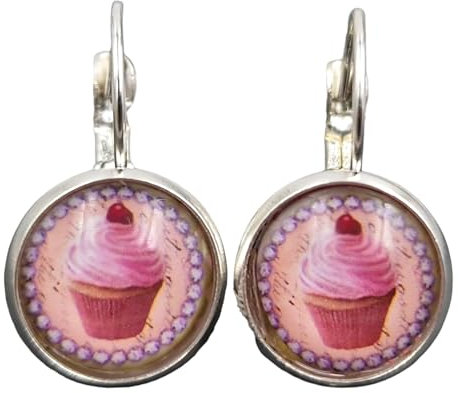 Stechschmuck Ohrringe Ohrhänger Handmade Brisuren Cupcake Muffin Kuchen Törtchen Rosa Silber Farben Damen Kitsch Kawaii 1 Paar Größe Wählbar (Brisuren 10mm)