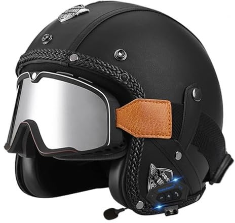Motorradhelm Bluetooth Jethelm mit Schutzbrille Retro Pilotenhelm Qualität nach ECE-Norm Roller-Helm für Frauen und Herren im Vintage-Look, Motorrad-Helm mit Schutzbrille(3,M=57-58CM)
