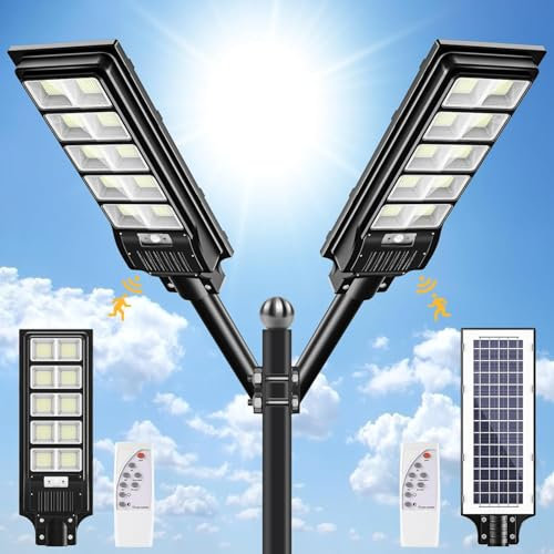 Lampadaire Solaire Extérieur 400W Avec Télécommande 2 Pack, 6500K 720 LEDs Réverbère Détecteur de Mouvement IP65 Étanche, Pour Rue Garage Jardin