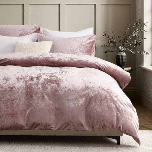 HORIMOTE HOME Luxury Crushed Velvet Duvet Cover Set Double Size, Extra Soft Pink Bedding Quilt Cover Set with 2 Pillowcases,200cm x 200cm
