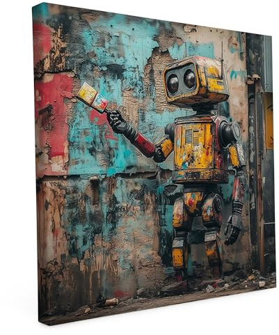 Banksy Leinwand Keilrahmen Robokunst 60x60cm - Street Art - Wandbild | Banksy Wandbild auf Leinwand, 60x60cm, Motiv Robokunst, Quadratisch, Street Art, 2cm Holzrahmen, matter Kunstdruck