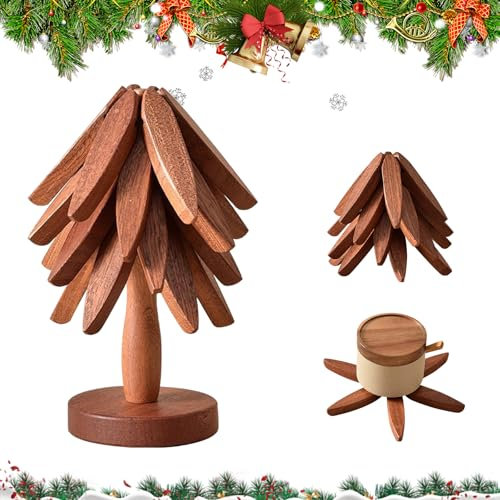 Dessous de plat en bois en forme d'arbre de Noël - Tapis isolant pliable pour cuisine et salle à manger - Noyer