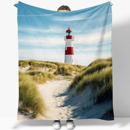 Kuscheldecke Natur Dünen Leuchtturm Motiv Weich Decken 150 x 200 cm Warme Couchdecke und Tagesdecke Helle Farbe Bedruckte Kuscheldecken für Herbst Winter Schlafzimmer Büro Sofa
