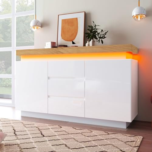 BTM Chest of Drawers, High-gloss Sideboard Storage Cabinet with 2 Doors and 3 Drawers, White Sideboard with RGB LED(App-controlled) for Living Room and Bedroom, 81x140x39cm