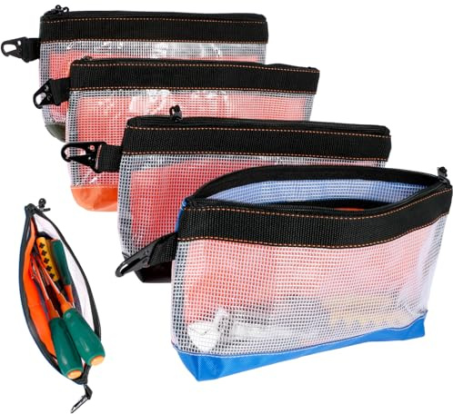 4Pcs Clear Tool Pouches, Heavy Duty 1680D Waterproof Oxford Cloth Tool Bag, 27x16.5cm Transparent Small Utility Organizer with Zipper & Carabiner for Screwdrivers, Sockets & Accessories
