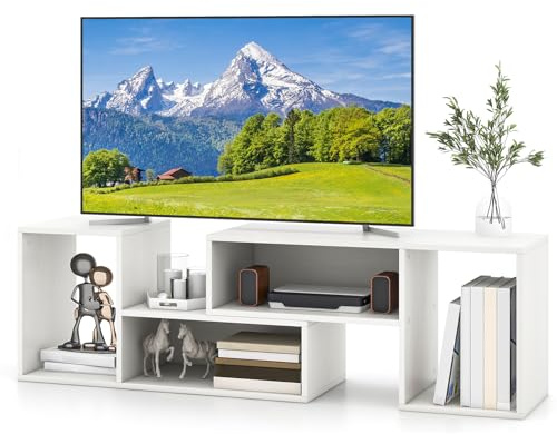 GYMAX TV-Schrank, TV Lowboard für Fernseher von 32-60 Zoll, Fernsehtisch mit 4 Fächer, Erweiterung & freier Rotation, TV-Regal für Wohnzimmer & Schlafzimmer (Weiß)