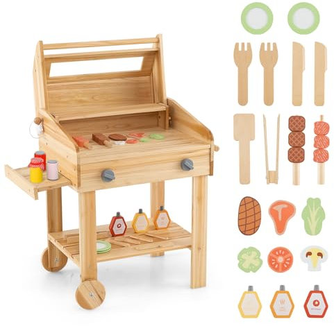 COSTWAY Kindergrill mit Barbecue Zubehör, Grill Kinder mit Regal & Rollen, 25 TLG. BBQ Grill Spielset für Jungen & Mädchen ab 3 Jahren