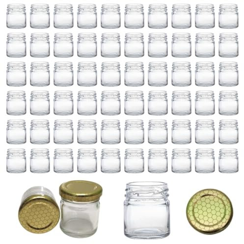 Kit 60 Barattoli Vasetti in Vetro da 40 ml con Tappo a Vite Decorato Alveare Dorato, Ideali per Miele, Bomboniere, Segnaposto, Monoporzione Colazione