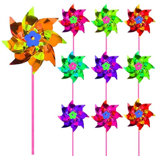 30Pcs Holographic Rainbow Pinwheels, Plastic Windmills for Garden Reflective Bird Scarers, Rainbow Kids Outdoor Party Pinwheels, DIY Pinwheels Set for Garden Lawn Decor