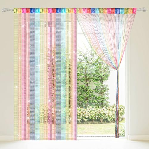 BEIMEIII 2 Pcs String Curtain Panel 100×200cm Glitter Room Divider Fly Bird Barrier Shimmery Window Door Decor for Living Room Bedroom Office (Muticolor)