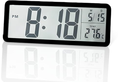 Battery Operated Digital Wall Clock, Large LCD Display with Time/Date/Temperature, 12/24 Hour Format, Silent Electronic Desk Clock for Bedroom, Living Room, Office, Kitchen, School, Garage – Black