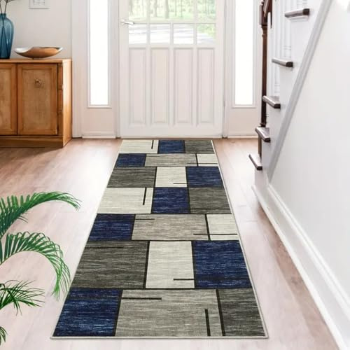 USHIRUG Carpet Runner for Hallway, 50x150cm,Grey and Blue Geometric Trellis Floor Door Mat, Non Slip Machine Washable Kitchen Area Rug, Contemporary Indoor Runner for Hallway Entryway Laundry Room