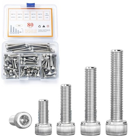 80PCS M6 Allen Bolts Stainless Steel 304 Hex Socket Head Cap Screws Assortment Kit for DIY Furniture Automotive