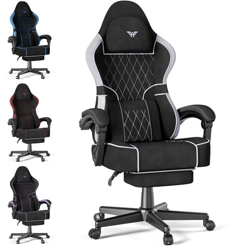 Soontrans Silla Gaming con Cojín Lumbar Masajeador, Silla Gamer con Reposacabezas, Reposapiés, Cadeira Gaming, Tela sintética, Altura Ajustable para Juegos, 136kg (Gris&Oscuro)