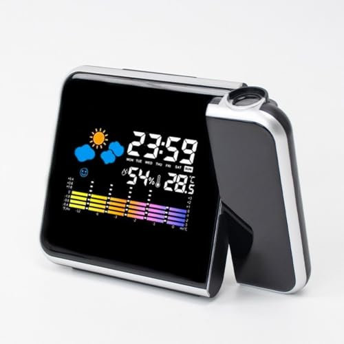 LED Projection Clock with Weather Station, Perpetual Calendar, Colour Screen, Temperature & Humidity Display, USB/Battery Powered