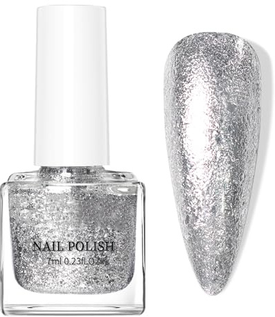 Silver Glitter Nail Polish - Holographic Nail Polish Quick Dry - Highly Shiny & Chip Resistant Silver Nail Varnish - Metallic nail polish for DIY Nail Art, No Need UV Lamp