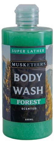 Musketeers Revitalisierendes Duschgel für Männer und Frauen, angereichert mit Vitamin E und Arganöl, pflegendes und feuchtigkeitsspendendes Duschgel, sauber und frisch, Waldduft, 500 ml