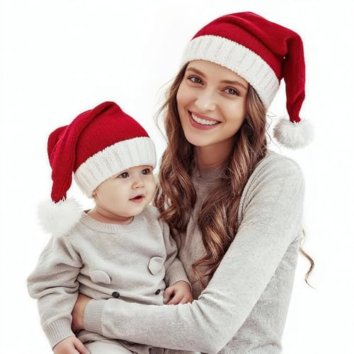 2 Stück Weihnachtsmütze Nikolausmütze, 2 Größen Weihnachtsmann Mütze Gestrickte Rot, Partnerlook für Eltern und Kinder, Weihnachtsmann Kostüm für Weihnachtsfeier Heiligabend Erwachsene, Kinder, Baby