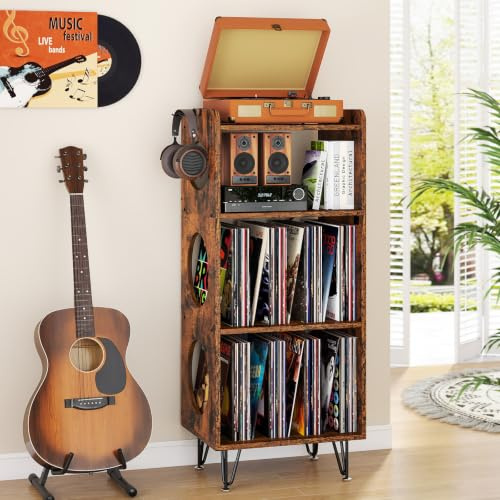4 Etagen Plattenspieler-Ständer, Vintage Beistelltisch Plattenspieler Regal mit Schallplattenaufbewahrung Holz Vinyl Schallplattenständer Vinyl Holder Fasst 300+ Alben für Wohnzimmer Schlafzimmer Büro