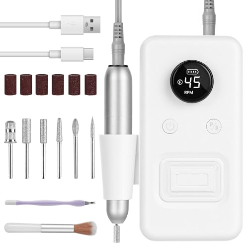 BUTBU Torno para Uñas Profesional 30000 RPM, Torno para Uñas Portátil Recargable, Tor-no Uñ-as Taladro Eléctrico con 6 Brocas, Velocidad Ajustable, para Gel o Acrilicas para Hogar y Salón （Blanco）