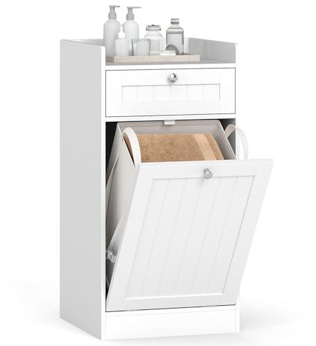 COSTWAY Kippbarer Wäscheschrank, freistehender Badezimmerschrank mit Regal, Schublade & abnehmbarem Wäschesack, moderner Badschrank mit Griffen für Badezimmer, Weiß (40,5 x 40 x 80 cm)