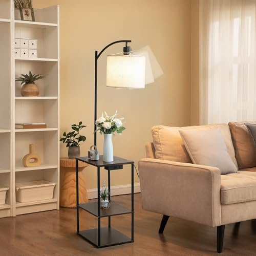 tekrabea Floor Lamp with Remote, Adjustable 3000K-6000K Colors & Brightness Bulb, End Table with Charging Station(USB & Type-C & AC Port), Modern Shelves Side Table for Bedroom, Living Room, Office