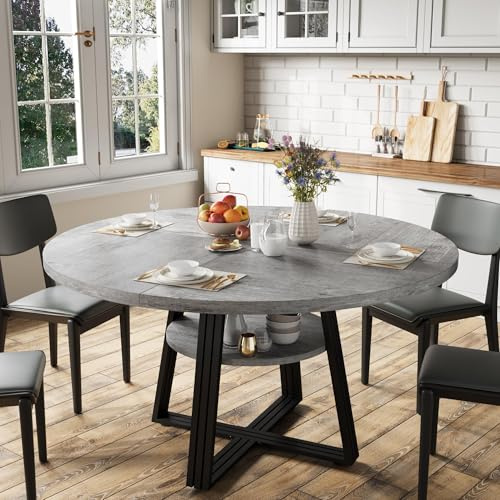 Garvee Moderner runder Essenztisch 120 cm für 4–6 Personen – Farmhouse-Stil mit Stauraum – Stabiler Holztisch – Ideal für Küche, Essenzzimmer, Wohnzimmer, Besprechungsraum oder Apartment – Farbe: Grau
