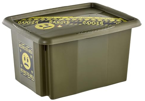 keeeper karolina Aufbewahrungsbox mit Deckel, 15 l, Emoji Danger, Olivgrün | Platzsparend aufeinander stapelbar, Griffmulden an den Seiten, Optimaler Staubschutz, Sichere Konstruktion