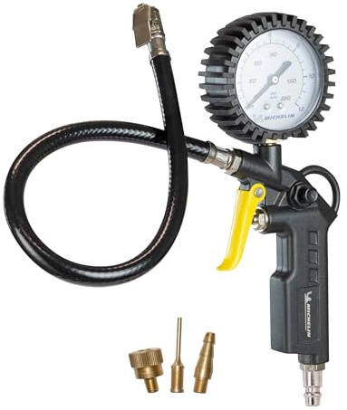 MICHELIN – Pistola Gonfiaggio Pneumatici per Compressore, Include 3 Ugelli di Gonfiaggio, Pressione Max. 8 BAR, Scala in BAR e PSI.