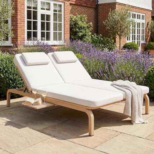 Jaxenor Outdoor Patio Daybed für 2 Personen, Sonnenliege mit Ausziehtisch, Gartenliegen mit Verstellbarer Rückenlehnenwinkel(5-stufig), Doppel-Liegebett, Wasserdichtes Sofabett mit Kopfstütze, Beige