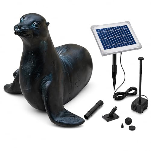esotec Solar Wasserspeier Set Seehund SAMMY 250l/h 5Wp IP68 101676 | 5Wp Solarmodul, 250l/h, IP68 Pumpe, 1m Förderhöhe, Trockenlaufschutz, 5m Kabel, Polyresin, 2x1,5m Schlauch, 8VDC