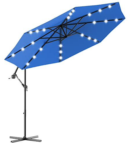 GOPLUS Parasol de Jardin Exterieur avec 24 LED Solaire, 3M Parasol Deporte avec Manivelle, Hauteur Réglable, Anti-UV, Grand Parasol Inclinable 8 Baleines pour Balcon Patio, Base Non Incluse (Bleu)