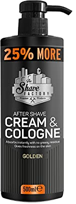 THE SHAVE FACTORY Aftershave Creme & Eau de Cologne – Golden 500ml – 2-in-1 Feuchtigkeitsspendende und Beruhigende Lotion nach der Rasur – Erfrischender Duft für Lang anhaltenden Komfort