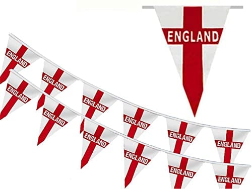 10m / 33ft St George’s Cross Bellingham England Bunting Flags, 20 Triangle Pennants, All Weather Team England Supporters for Football Rugby Cricket, Country Flag, St Georges Day, 1 Pack