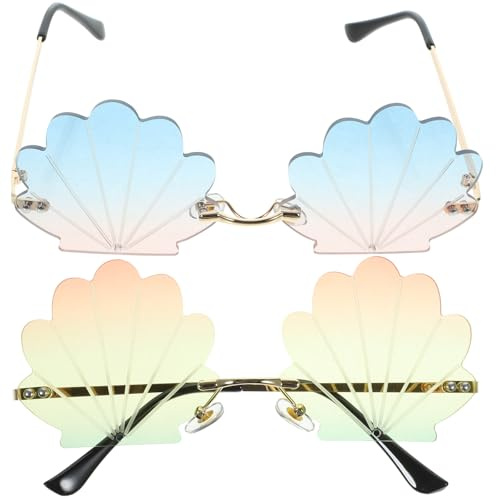 MAGICLULU 2 Stücke Lustige Party Sonnenbrille, Randlose Muschel Anhänger Brille mit Goldrahmen, Farbverlauf Blau Rosa und Dreifarbige Gläser, Festival Accessoires für Damen Herren