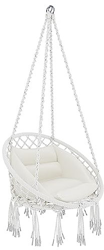 Poltrona Sospesa Da Giardino Corda Di Cotone Effetto Macrame' Struttura Pensile In Acciaio Cuscino Amaca Sedia A Dondolo Con Seduta Imbottita Per Esterno Terrazzo Fino A 160 Kg (Beige)