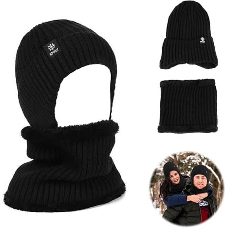 COEKI Herren Winter Warm Beanie Mütze und Loop Schal Set, Schal Herren Winter mit Fleece, Schlauchschal Halstuch Halswärmer Atmungsaktiv Strickmütze Damen Herren Winter für Skifahren Laufen Radfahren