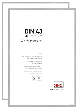 DEHA Design Bilderrahmen, 29,7 x 42 cm (A3) (2er Set), Aluminium, Silber matt, Posterrahmen zum Aufhängen im Hoch- & Querformat, bruchsicheres Kunstglas, Tribeca