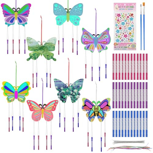 FIHODONE 8 Piezas Carillón de Viento de Mariposa, Campanas de Viento Mariposa de Madera, Carillones de Viento, Bricolaje Manualidades Niños, pare Decoración para Jardín Regalo Cumpleaños Niños Niñas