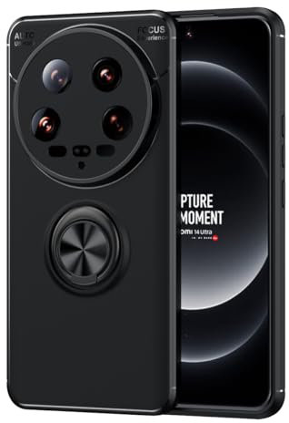 COMAKU Xiaomi 14 Ultra Case Cover – Soft Silicone Protector Phone Case with Ring Stand, Compatible with Car Magnetic Mounts - Black