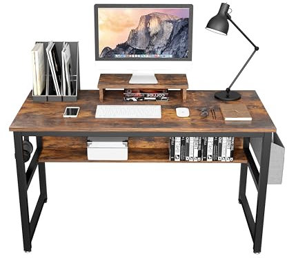 TREETALK Computer Desk, Industrial Writing Desk with Storage Bag, 43in Computer PC Laptop Table with Bookshelf and Wood Monitor Stand Riser, Dining Gaming Table for Home Office (Rustic Brown)