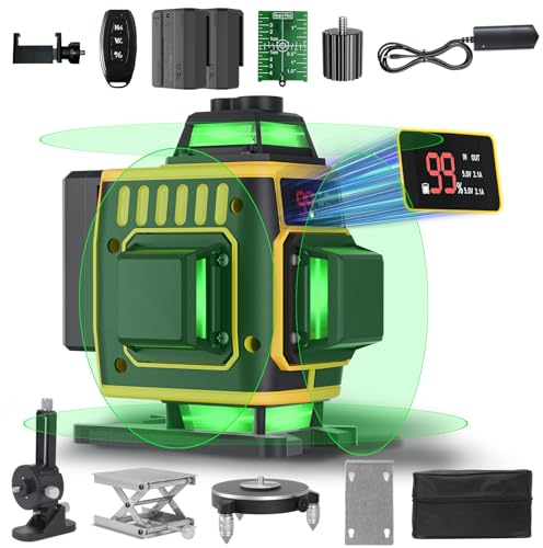 Livella Laser Autolivellante 16 Linee, 4 X 360 °Livello Laser Autolivellante Verde, laser verde display di potenza, 2 x Batterie, Autolivellante,Luminosità regolabile,Telecomando,Base Magnetica