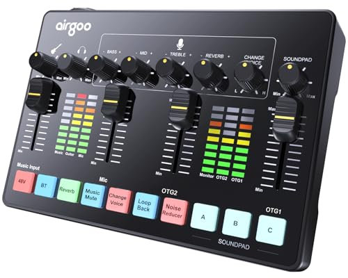 airgoo Dual USB-C Streaming Audio Mixer, with XLR Microphone Interface, Guitar Interface, Individual Control, Bluetooth, 48V Phantom Power, for PC&Smartphone Podcast/Recording/Vocal/Game, AG-AMSC01