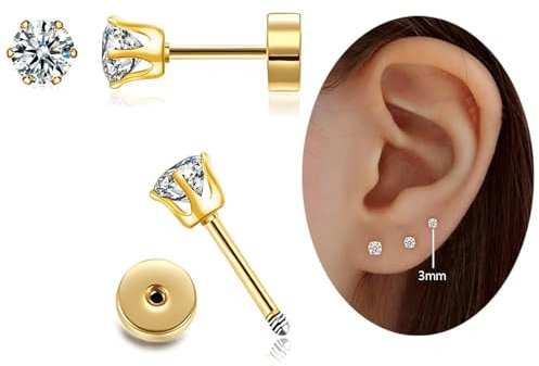 CZ Stud Earrings 14K Gold Stud Earrings,Flat Back Cubic Zirconia Earrings for Helix Cartilage Earlobe Piercing Jewelry | Cartilage Earring | Helix Piercing Jewelry (3MM, GOLD)