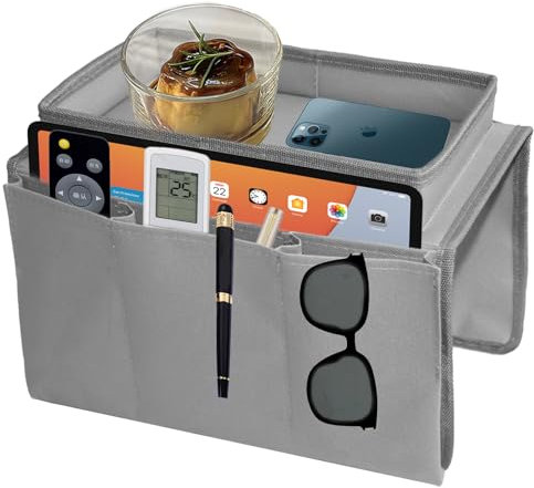 Organizer per braccioli da divano, organizer per caramelle, con vassoio, con telecomando, per telefono, libri, riviste, TV, telecomando, occhiali, tazza, snack, borsa (grigio)