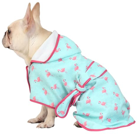 HDE Dog Bathrobe Super Absorbent Quick Drying Towel with Hood for All Dog Breeds Sizes S-XXL - Flamingos - M