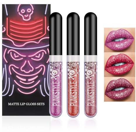 Horuili® Matt Flüssiger Glänzender Lippenstift, 3 Stück Farben Glitzer Lippenstift Set, Matte to Glitter Shine Lipstick, Schimmerndes Lipgloss-Set, Für Halloween, Kostümpartys