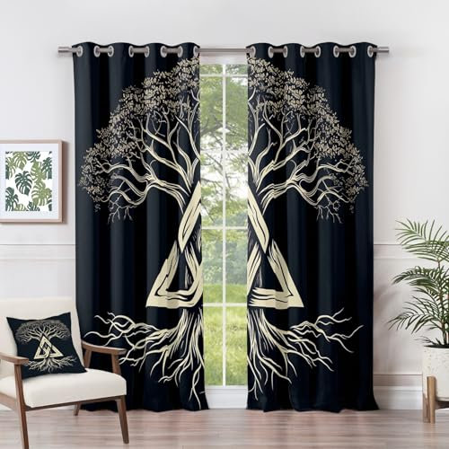 Vorhänge Baum des Lebens - Wikinger Nordische Fenster Gardinen mit Ösen, Vorhang Blickdicht Verdunklungsvorhänge Thermovorhang für Wohnzimmer Schlafzimmer Deko 2er Set, H 166 x B 75 cm I#-170