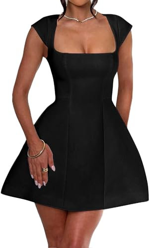Women's Cap Sleeves Mini Dress Solid Color Square Neck Slim A-Line Dress with Pockets Summer Cocktail Club Party Short Dresses (A-Black, M)